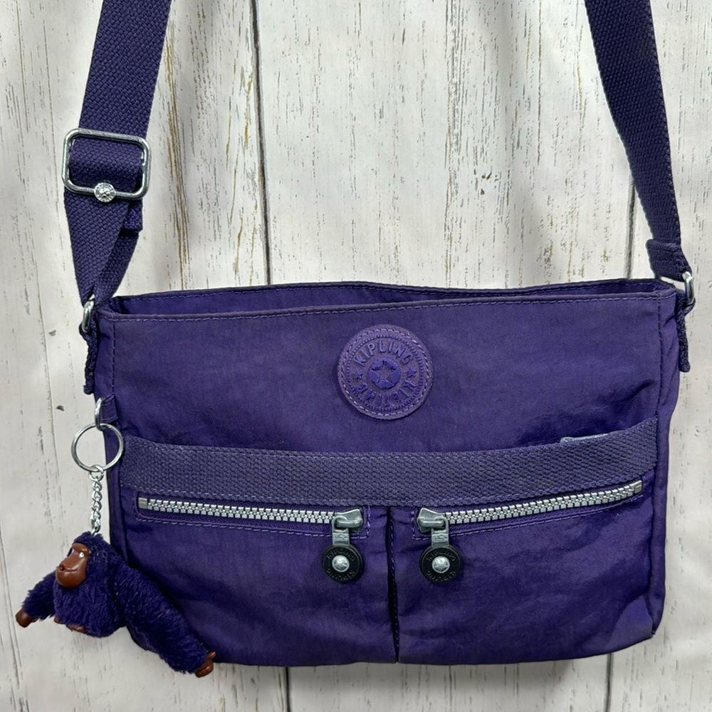 Kipling Purple Nylon Crossbody Bag Travel Casual Monkey Charm Travelcore